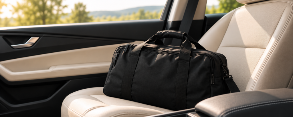 Therapietasche im Auto für einen physiotherapeutischen Hausbesuch.