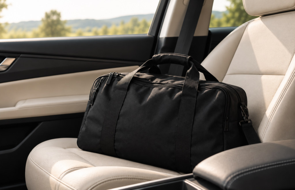 Therapietasche im Auto für einen physiotherapeutischen Hausbesuch.