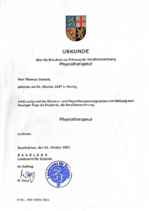Urkunde staatlich anerkannter Physiotherapeut