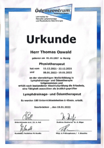 Zertifikat Lymphdrainage Oedemtherapeut